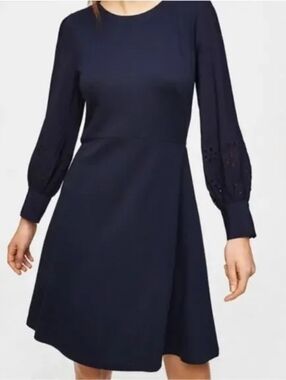 Ann Taylor LOFT Navy Blue Al-Line Dress Puffy Eyelet Sleeves, Size 14